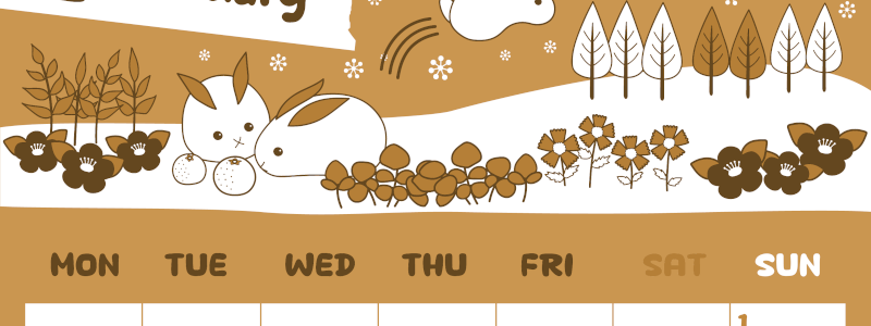 2026年2月縦型レトロな月曜始まり ポップかわいいイラストA4無料セピア調カレンダー(2026-00640211)