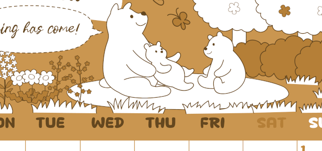 2026年3月縦型レトロな月曜始まり ポップかわいい白熊イラストのA4無料セピア調カレンダー(2026-00640311)