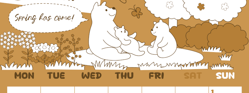 2026年3月縦型レトロな月曜始まり ポップかわいい白熊イラストのA4無料セピア調カレンダー(2026-00640311)