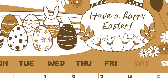 2026年4月縦型レトロな月曜始まり イースターエッグイラストのかわいいA4無料セピア調カレンダー(2026-00640411)