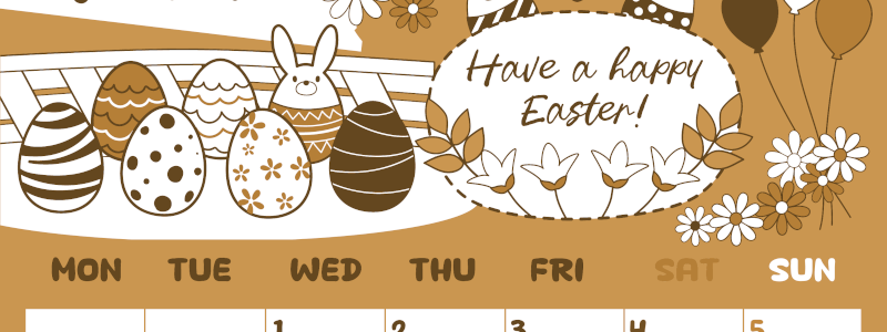 2026年4月縦型レトロな月曜始まり イースターエッグイラストのかわいいA4無料セピア調カレンダー(2026-00640411)