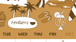 2026年8月縦型レトロな月曜始まり 海岸イラストのかわいいA4無料セピア調カレンダー(2026-00640811)