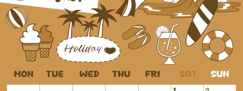 2026年8月縦型レトロな月曜始まり 海岸イラストのかわいいA4無料セピア調カレンダー(2026-00640811)