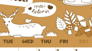 2026年10月縦型レトロな月曜始まり 鹿のイラストがかわいいA4無料セピア調カレンダー(2026-00641011)
