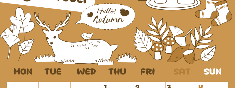 2026年10月縦型レトロな月曜始まり 鹿のイラストがかわいいA4無料セピア調カレンダー(2026-00641011)