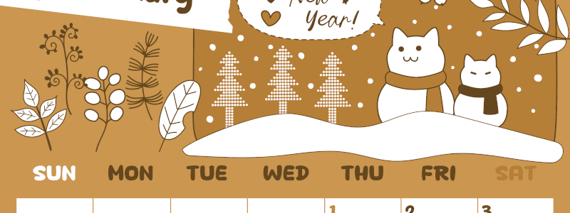 2026年1月縦型レトロな日曜始まり ポップな猫イラストのかわいいA4無料セピア調カレンダー(2026-00640110)