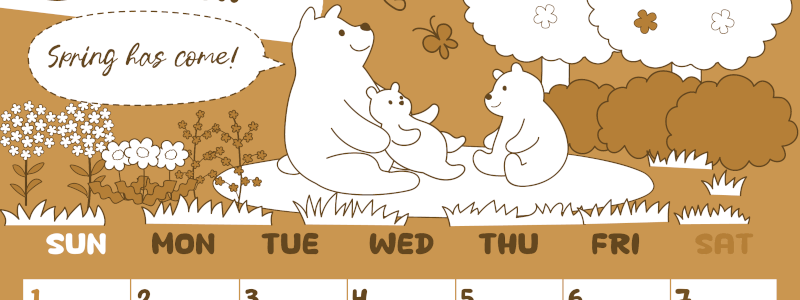 2026年3月縦型レトロな日曜始まり ポップかわいい白熊イラストのA4無料セピア調カレンダー(2026-00640310)