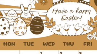2026年4月縦型レトロな日曜始まり イースターエッグイラストのかわいいA4無料セピア調カレンダー(2026-00640410)