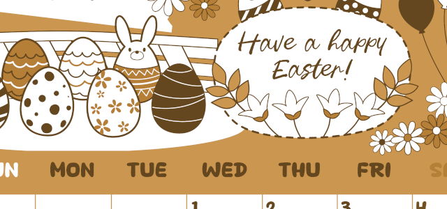 2026年4月縦型レトロな日曜始まり イースターエッグイラストのかわいいA4無料セピア調カレンダー(2026-00640410)