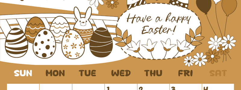 2026年4月縦型レトロな日曜始まり イースターエッグイラストのかわいいA4無料セピア調カレンダー(2026-00640410)