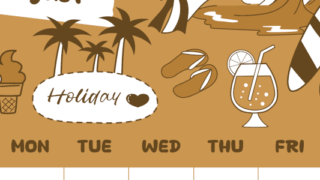 2026年8月縦型レトロな日曜始まり 海岸イラストのかわいいA4無料セピア調カレンダー(2026-00640810)