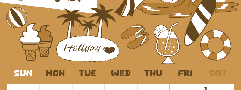 2026年8月縦型レトロな日曜始まり 海岸イラストのかわいいA4無料セピア調カレンダー(2026-00640810)