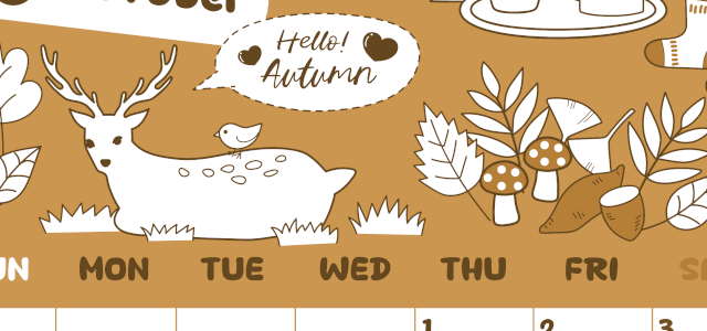 2026年10月縦型レトロな日曜始まり 鹿のイラストがかわいいA4無料セピア調カレンダー(2026-00641010)