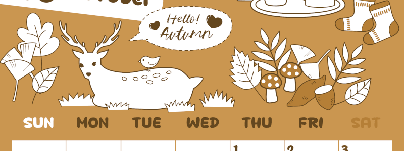 2026年10月縦型レトロな日曜始まり 鹿のイラストがかわいいA4無料セピア調カレンダー(2026-00641010)