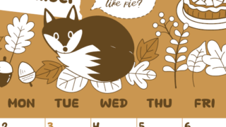 2026年11月縦型レトロな日曜始まり アップルパイのイラストがかわいいA4無料セピア調カレンダー(2026-00641110)