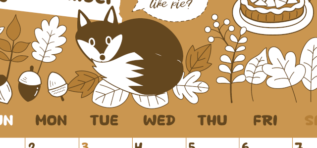 2026年11月縦型レトロな日曜始まり アップルパイのイラストがかわいいA4無料セピア調カレンダー(2026-00641110)