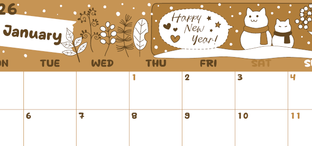 2026年1月横型レトロな月曜始まり 雪と猫イラストのかわいいA4無料セピア調カレンダー(2026-00640101)
