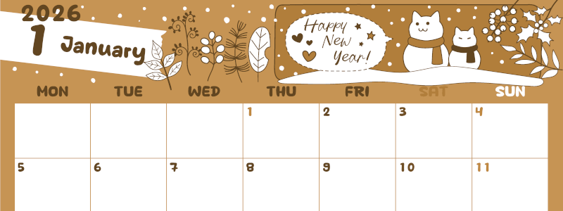 2026年1月横型レトロな月曜始まり 雪と猫イラストのかわいいA4無料セピア調カレンダー(2026-00640101)