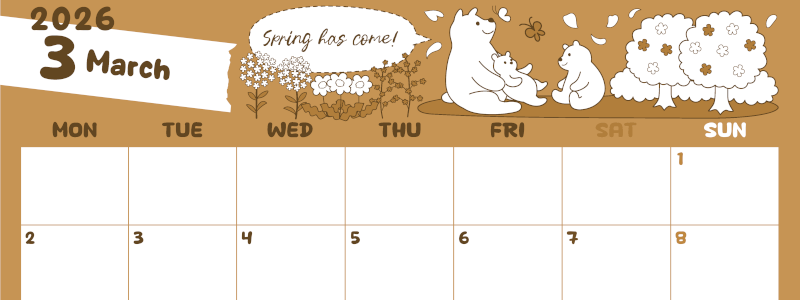 2026年3月横型レトロな月曜始まり ポップかわいい白熊イラストのA4無料セピア調カレンダー(2026-00640301)
