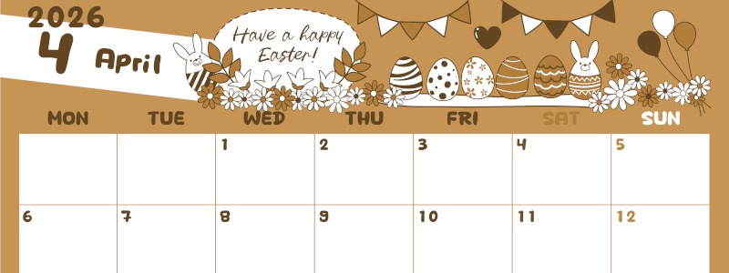 2026年4月横型レトロな月曜始まり イースターエッグイラストのかわいいA4無料セピア調カレンダー(2026-00640401)