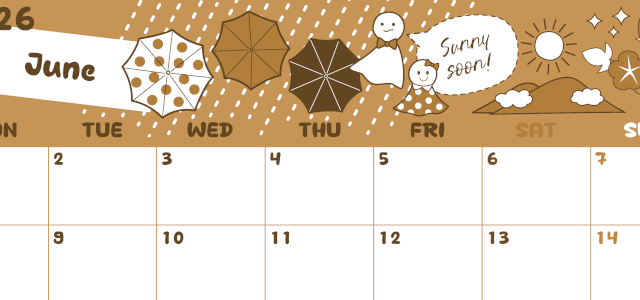 2026年6月横型レトロな月曜始まり 季節イラストのかわいいA4無料セピア調カレンダー(2026-00640601)