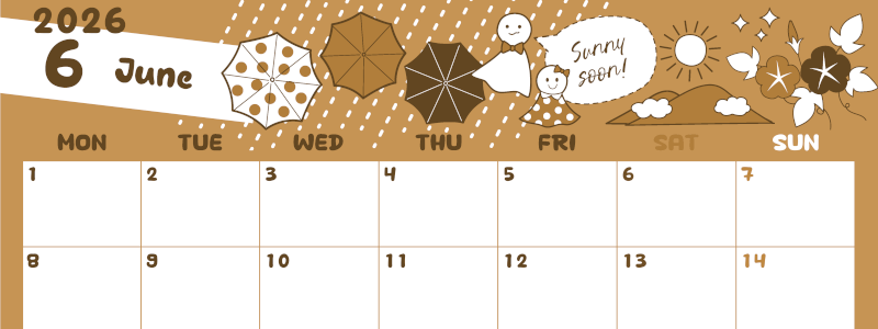 2026年6月横型レトロな月曜始まり 季節イラストのかわいいA4無料セピア調カレンダー(2026-00640601)