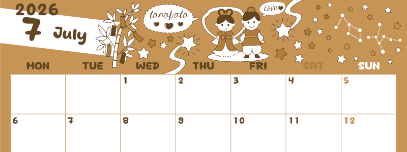 2026年7月横型レトロな月曜始まり ポップなイラストがかわいいA4無料セピア調カレンダー(2026-00640701)