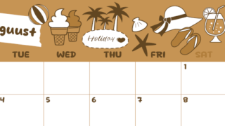 2026年8月横型レトロな月曜始まり 海岸イラストのかわいいA4無料セピア調カレンダー(2026-00640801)