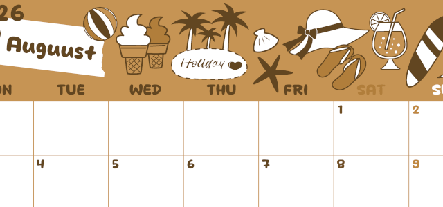 2026年8月横型レトロな月曜始まり 海岸イラストのかわいいA4無料セピア調カレンダー(2026-00640801)