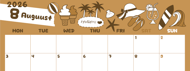 2026年8月横型レトロな月曜始まり 海岸イラストのかわいいA4無料セピア調カレンダー(2026-00640801)