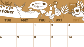 2026年10月横型レトロな月曜始まり 鹿のイラストがかわいいA4無料セピア調カレンダー(2026-00641001)