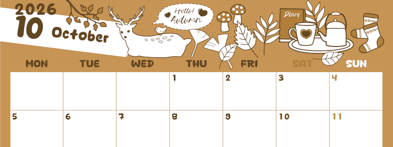 2026年10月横型レトロな月曜始まり 鹿のイラストがかわいいA4無料セピア調カレンダー(2026-00641001)