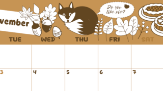 2026年11月横型レトロな月曜始まり アップルパイのイラストがかわいいA4無料セピア調カレンダー(2026-00641101)