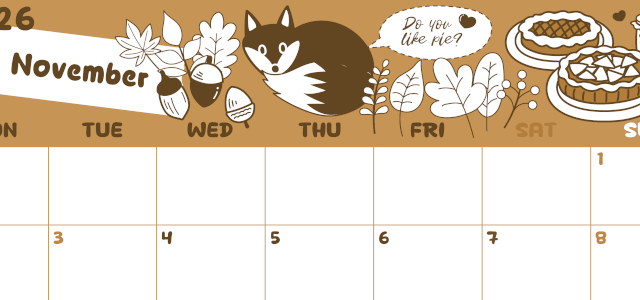 2026年11月横型レトロな月曜始まり アップルパイのイラストがかわいいA4無料セピア調カレンダー(2026-00641101)