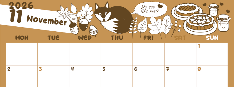 2026年11月横型レトロな月曜始まり アップルパイのイラストがかわいいA4無料セピア調カレンダー(2026-00641101)