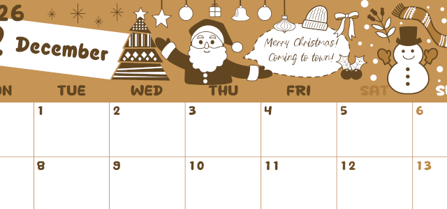 2026年12月横型レトロな月曜始まり サンタのイラストがかわいいA4無料セピア調カレンダー(2026-00641201)