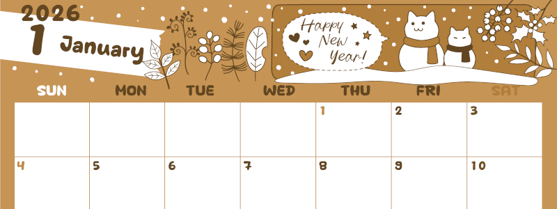2026年1月横型レトロな日曜始まり 雪だるま猫イラストのかわいいA4無料セピア調カレンダー(2026-00640100)