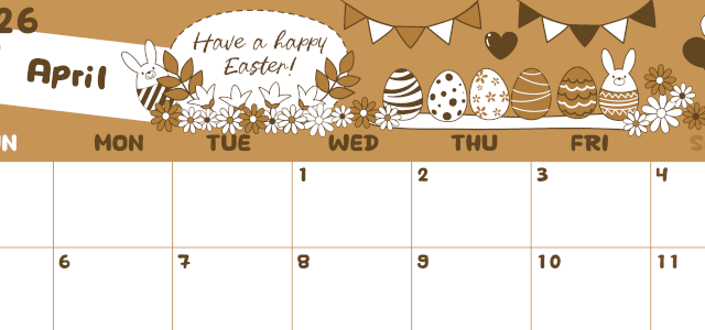 2026年4月横型レトロな日曜始まり イースターエッグイラストのかわいいA4無料セピア調カレンダー(2026-00640400)
