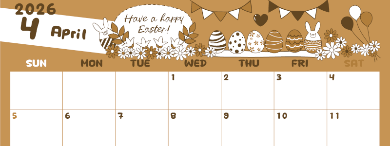 2026年4月横型レトロな日曜始まり イースターエッグイラストのかわいいA4無料セピア調カレンダー(2026-00640400)