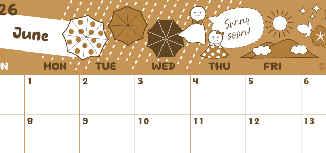 2026年6月横型レトロな日曜始まり 季節イラストのかわいいA4無料セピア調カレンダー(2026-00640600)