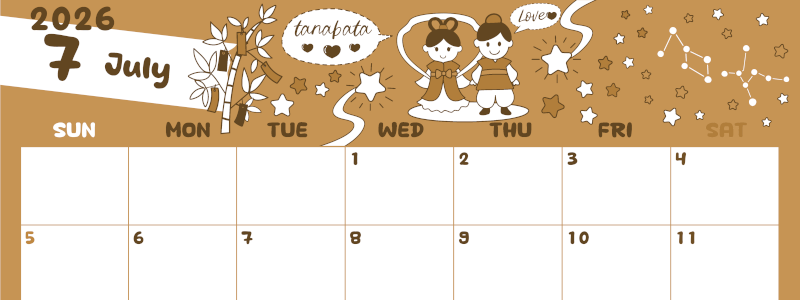 2026年7月横型レトロな日曜始まり ポップなイラストがかわいいA4無料セピア調カレンダー(2026-00640700)