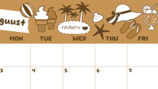 2026年8月横型レトロな日曜始まり 海岸イラストのかわいいA4無料セピア調カレンダー(2026-00640800)