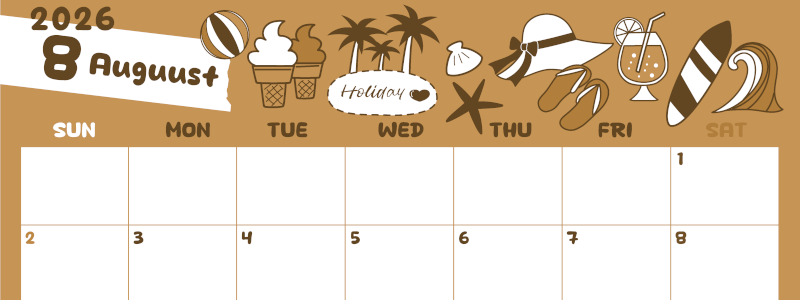 2026年8月横型レトロな日曜始まり 海岸イラストのかわいいA4無料セピア調カレンダー(2026-00640800)