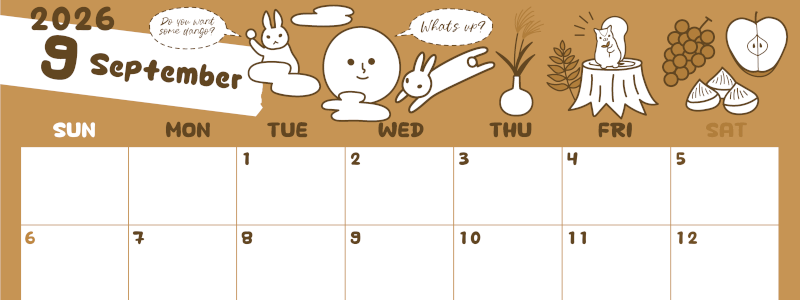 2026年9月横型レトロな日曜始まり 森の動物イラストがかわいいA4無料セピア調カレンダー(2026-00640900)