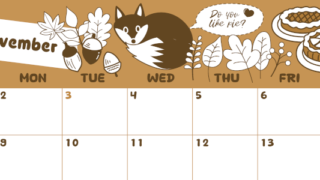 2026年11月横型レトロな日曜始まり アップルパイのイラストがかわいいA4無料セピア調カレンダー(2026-00641100)