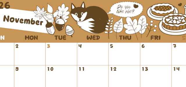 2026年11月横型レトロな日曜始まり アップルパイのイラストがかわいいA4無料セピア調カレンダー(2026-00641100)