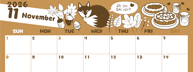 2026年11月横型レトロな日曜始まり アップルパイのイラストがかわいいA4無料セピア調カレンダー(2026-00641100)