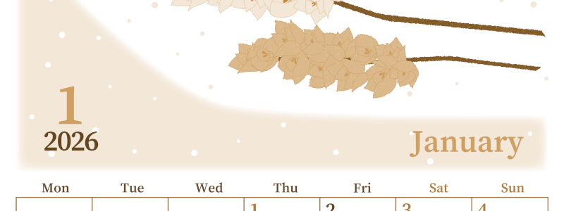 2026年1月縦型レトロな月曜始まり 花イラストのおしゃれA4無料セピア調カレンダー(2026-00650111)