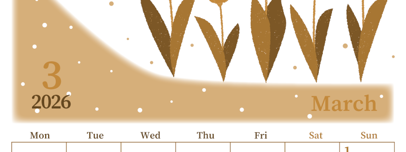 2026年3月縦型レトロな月曜始まり チューリップイラストのおしゃれA4無料セピア調カレンダー(2026-00650311)