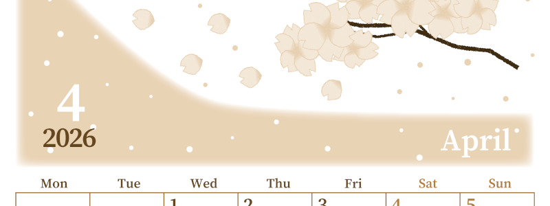 2026年4月縦型レトロな月曜始まり 春のイラストのおしゃれA4無料セピア調カレンダー(2026-00650411)
